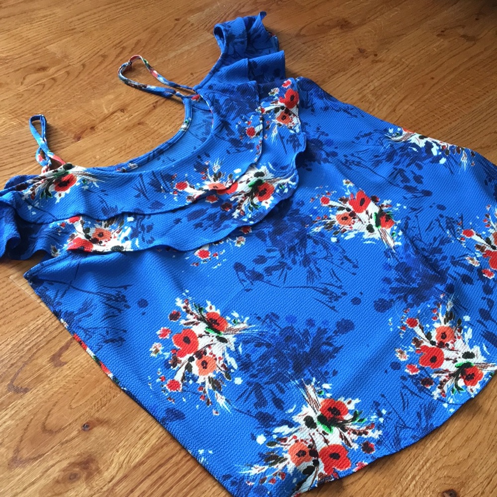 Bright Blue Flower Patterned Blouse with Ruffle - Picture 3 of 7